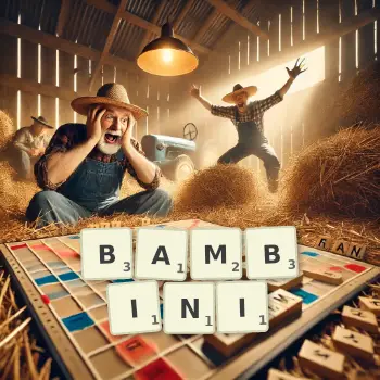 Creative illustration for a Scrabble game with the word BAMBINI spelled out in tiles on the board.
