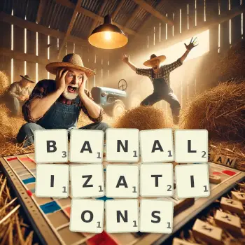 Creative illustration for a Scrabble game with the word BANALIZATIONS spelled out in tiles on the board.