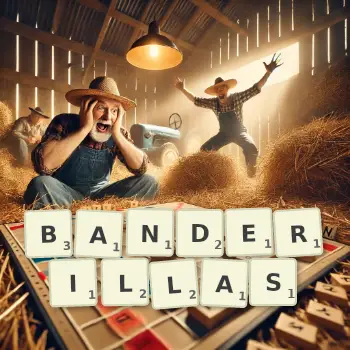 Creative illustration for a Scrabble game with the word BANDERILLAS spelled out in tiles on the board.