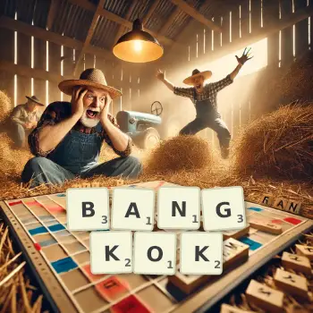 Creative illustration for a Scrabble game with the word BANGKOK spelled out in tiles on the board.