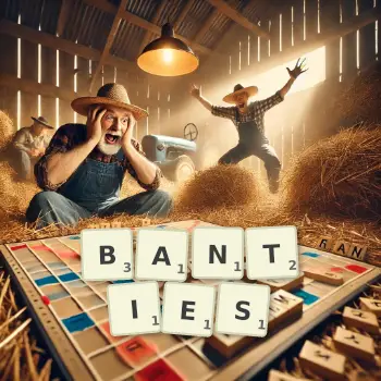 Creative illustration for a Scrabble game with the word BANTIES spelled out in tiles on the board.