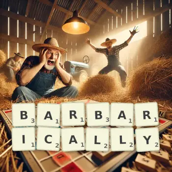 Creative illustration for a Scrabble game with the word BARBARICALLY spelled out in tiles on the board.