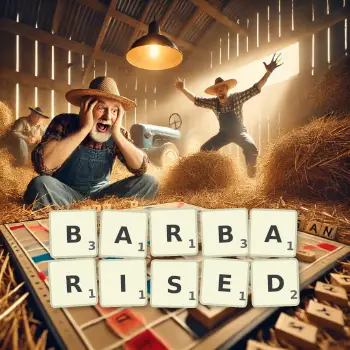 Creative illustration for a Scrabble game with the word BARBARISED spelled out in tiles on the board.