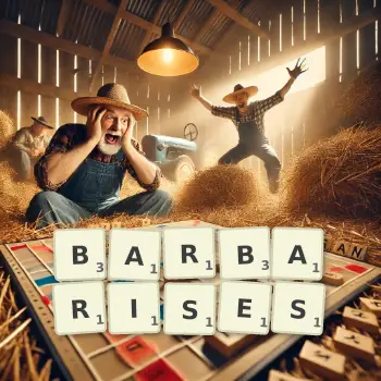 Creative illustration for a Scrabble game with the word BARBARISES spelled out in tiles on the board.