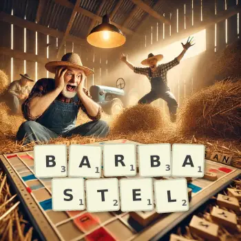 Creative illustration for a Scrabble game with the word BARBASTEL spelled out in tiles on the board.