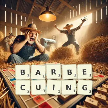 Creative illustration for a Scrabble game with the word BARBECUING spelled out in tiles on the board.