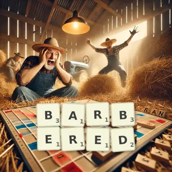 Creative illustration for a Scrabble game with the word BARBERED spelled out in tiles on the board.