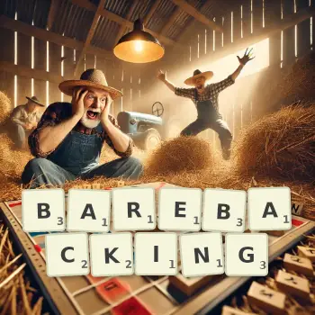 Creative illustration for a Scrabble game with the word BAREBACKING spelled out in tiles on the board.