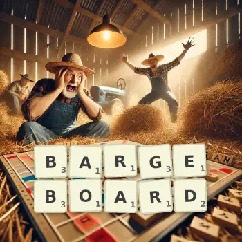 Creative illustration for a Scrabble game with the word BARGEBOARD spelled out in tiles on the board.