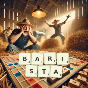 Creative illustration for a Scrabble game with the word BARISTA spelled out in tiles on the board.