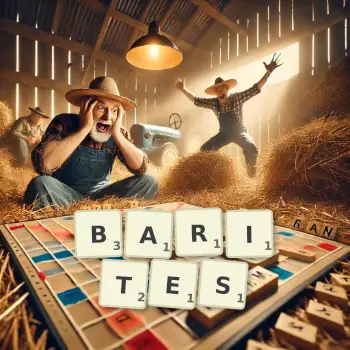 Creative illustration for a Scrabble game with the word BARITES spelled out in tiles on the board.