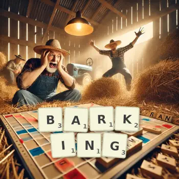 Creative illustration for a Scrabble game with the word BARKING spelled out in tiles on the board.