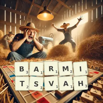 Creative illustration for a Scrabble game with the word BARMITSVAH spelled out in tiles on the board.