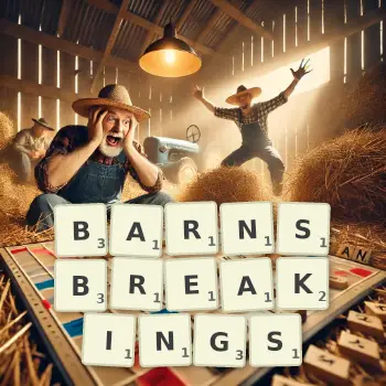 Creative illustration for a Scrabble game with the word BARNSBREAKINGS spelled out in tiles on the board.