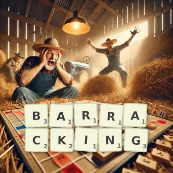 Creative illustration for a Scrabble game with the word BARRACKING spelled out in tiles on the board.