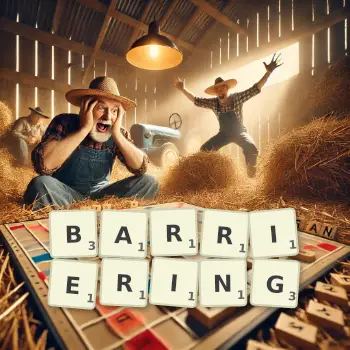Creative illustration for a Scrabble game with the word BARRIERING spelled out in tiles on the board.