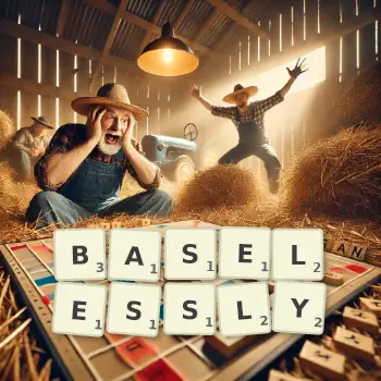 Creative illustration for a Scrabble game with the word BASELESSLY spelled out in tiles on the board.