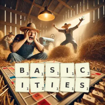 Creative illustration for a Scrabble game with the word BASICITIES spelled out in tiles on the board.