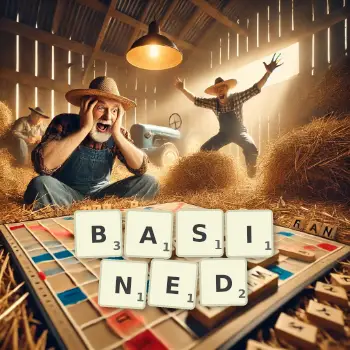 Creative illustration for a Scrabble game with the word BASINED spelled out in tiles on the board.
