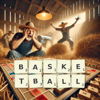 Creative illustration for a Scrabble game with the word BASKETBALL spelled out in tiles on the board.