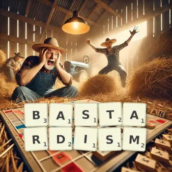 Creative illustration for a Scrabble game with the word BASTARDISM spelled out in tiles on the board.