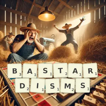 Creative illustration for a Scrabble game with the word BASTARDISMS spelled out in tiles on the board.
