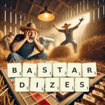 Creative illustration for a Scrabble game with the word BASTARDIZES spelled out in tiles on the board.