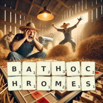 Creative illustration for a Scrabble game with the word BATHOCHROMES spelled out in tiles on the board.