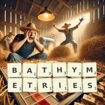 Creative illustration for a Scrabble game with the word BATHYMETRIES spelled out in tiles on the board.