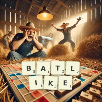 Creative illustration for a Scrabble game with the word BATLIKE spelled out in tiles on the board.