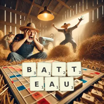 Creative illustration for a Scrabble game with the word BATTEAU spelled out in tiles on the board.