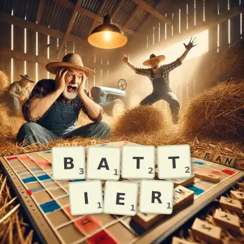 Creative illustration for a Scrabble game with the word BATTIER spelled out in tiles on the board.
