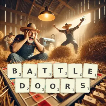 Creative illustration for a Scrabble game with the word BATTLEDOORS spelled out in tiles on the board.