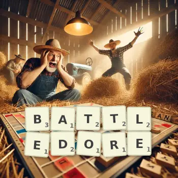 Creative illustration for a Scrabble game with the word BATTLEDORE spelled out in tiles on the board.