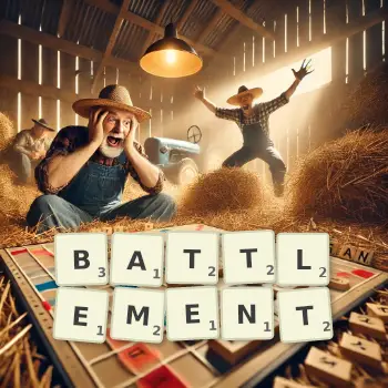 Creative illustration for a Scrabble game with the word BATTLEMENT spelled out in tiles on the board.