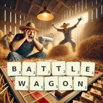 Creative illustration for a Scrabble game with the word BATTLEWAGON spelled out in tiles on the board.
