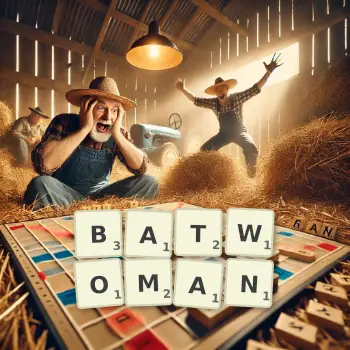 Creative illustration for a Scrabble game with the word BATWOMAN spelled out in tiles on the board.