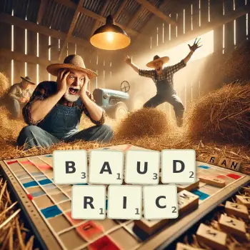 Creative illustration for a Scrabble game with the word BAUDRIC spelled out in tiles on the board.