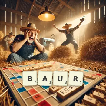 Creative illustration for a Scrabble game with the word BAUR spelled out in tiles on the board.