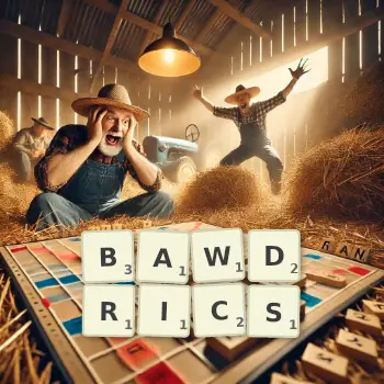 Creative illustration for a Scrabble game with the word BAWDRICS spelled out in tiles on the board.