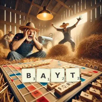 Creative illustration for a Scrabble game with the word BAYT spelled out in tiles on the board.