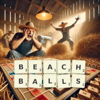 Creative illustration for a Scrabble game with the word BEACHBALLS spelled out in tiles on the board.