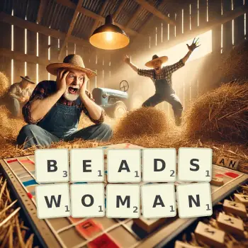 Creative illustration for a Scrabble game with the word BEADSWOMAN spelled out in tiles on the board.