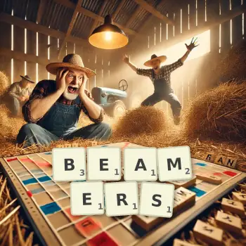 Creative illustration for a Scrabble game with the word BEAMERS spelled out in tiles on the board.