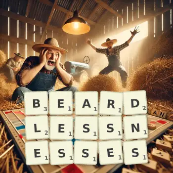 Creative illustration for a Scrabble game with the word BEARDLESSNESSES spelled out in tiles on the board.