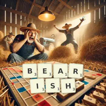 Creative illustration for a Scrabble game with the word BEARISH spelled out in tiles on the board.