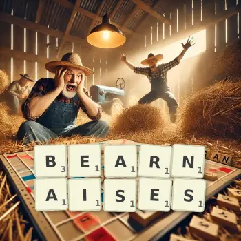 Creative illustration for a Scrabble game with the word BEARNAISES spelled out in tiles on the board.