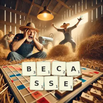 Creative illustration for a Scrabble game with the word BECASSE spelled out in tiles on the board.