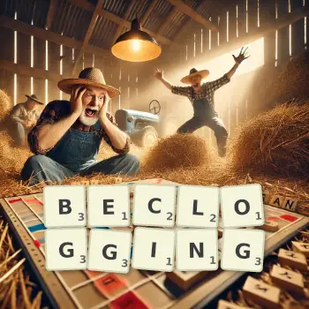 Creative illustration for a Scrabble game with the word BECLOGGING spelled out in tiles on the board.