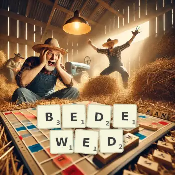Creative illustration for a Scrabble game with the word BEDEWED spelled out in tiles on the board.